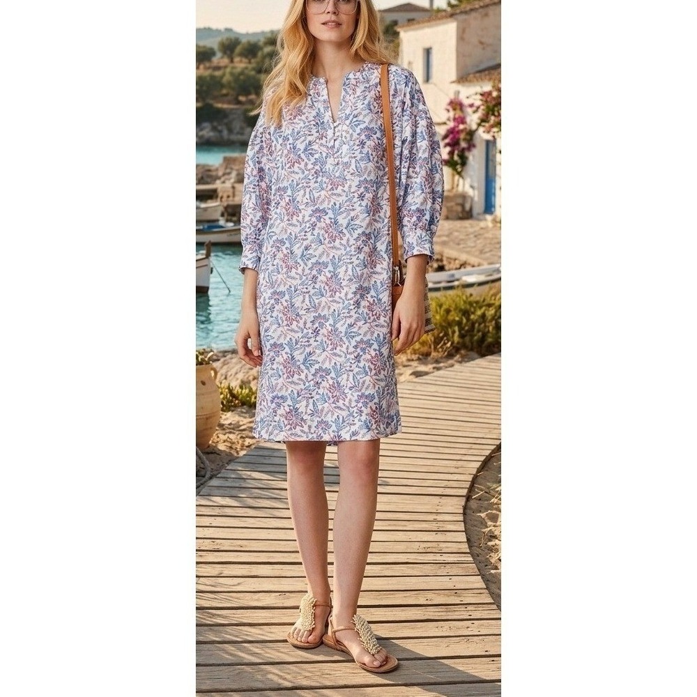 J.McLaughlin Linen Shift Floral Dress Blue White S 3/4 Puff Sleeve Coastal Beach